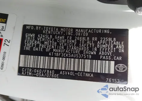 2010 Toyota Camry Le из США, поврежденный, VIN 4T1BF3EK5AU537519